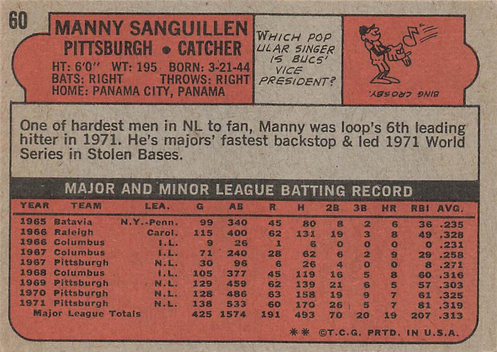 Manny Sanguillen  baseball card collectible - Main Image 2