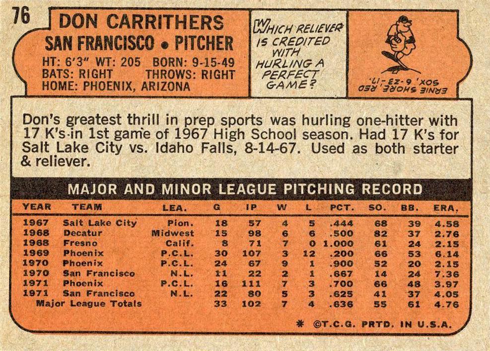 Don Carrithers  baseball card collectible - Main Image 2