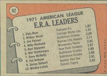 1971 A.L. E.R.A. Leaders (Vida Blue / Wilbur Wood / Jim Palmer)  baseball card collectible - Main Image 2