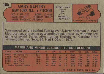 Gary Gentry  baseball card collectible - Main Image 2