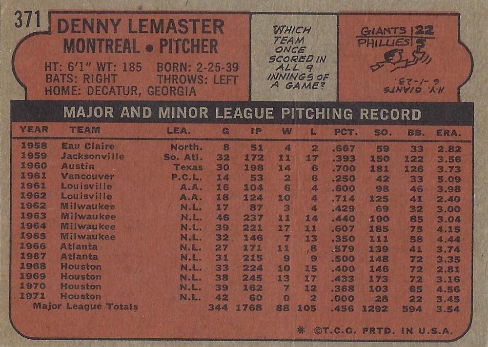 Denny Lemaster  baseball card collectible - Main Image 2