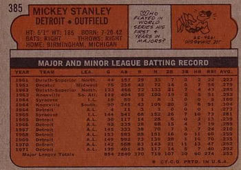 Mickey Stanley  baseball card collectible - Main Image 2