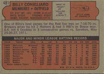 Billy Conigliaro  baseball card collectible - Main Image 2