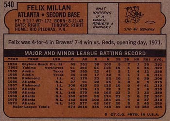 Felix Millan  baseball card collectible - Main Image 2