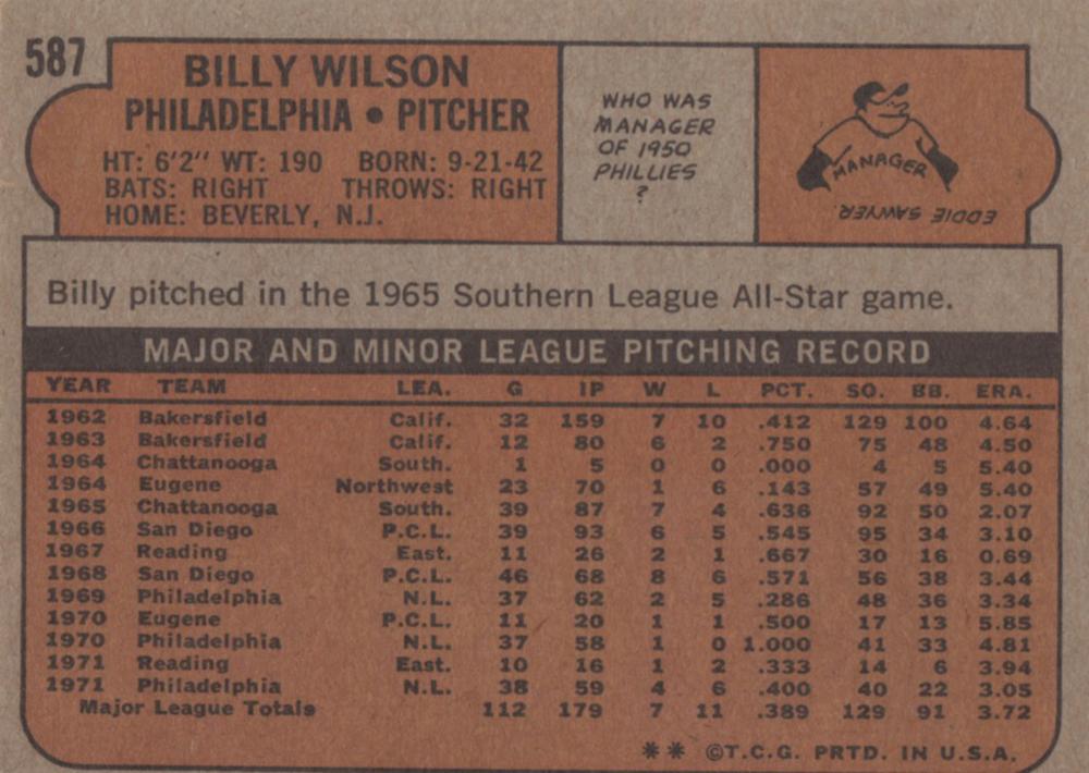 Billy Wilson  baseball card collectible - Main Image 2