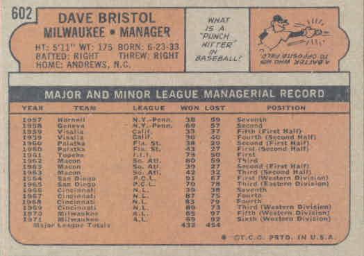 Dave Bristol  baseball card collectible - Main Image 2