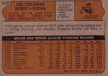 Joe Coleman  baseball card collectible - Main Image 2