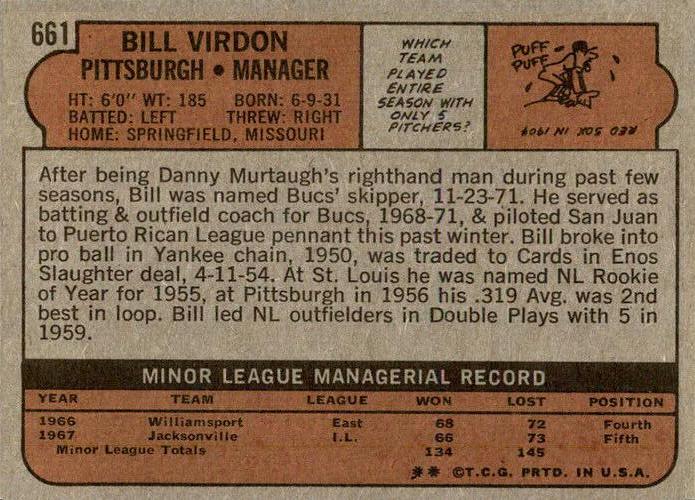 Bill Virdon  baseball card collectible - Main Image 2