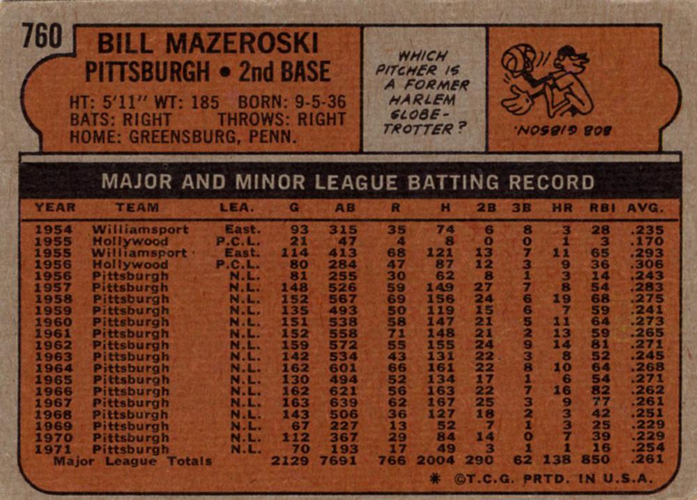 Bill Mazeroski  baseball card collectible - Main Image 2