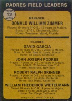 Padres Field Leaders (Don Zimmer / Dave Garcia / Johnny Podres / Bob Skinner / Whitey Wietelmann)  baseball card collectible - Main Image 2