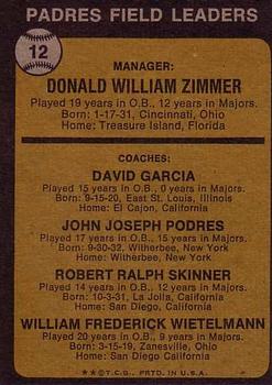 Padres Field Leaders (Don Zimmer / Dave Garcia / Johnny Podres / Bob Skinner / Whitey Wietelmann)  baseball card collectible - Main Image 2