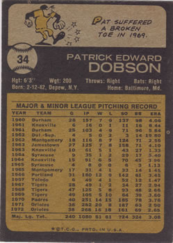 Pat Dobson  baseball card collectible - Main Image 2