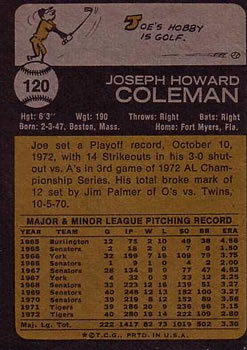 Joe Coleman  baseball card collectible - Main Image 2