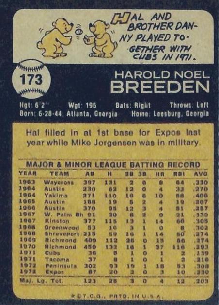 Hal Breeden  baseball card collectible - Main Image 2