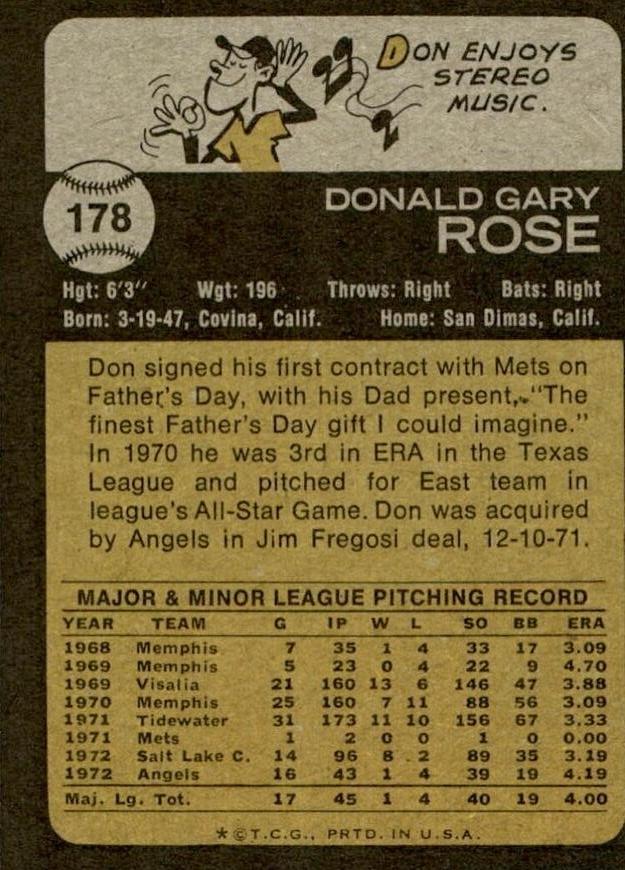 Don Rose  baseball card collectible - Main Image 2