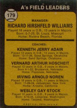 A’s Field Leaders (Dick Williams / Jerry Adair / Vern Hoscheit / Irv Noren / Wes Stock)  baseball card collectible - Main Image 2