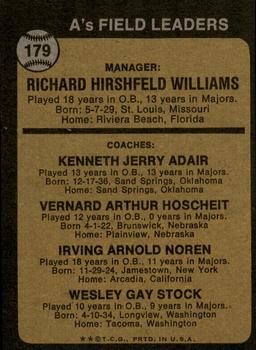 A’s Field Leaders (Dick Williams / Jerry Adair / Vern Hoscheit / Irv Noren / Wes Stock)  baseball card collectible - Main Image 2