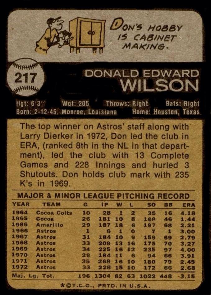 Don Wilson  baseball card collectible - Main Image 2