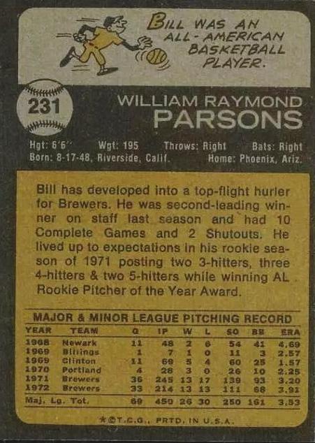 Bill Parsons  baseball card collectible - Main Image 2
