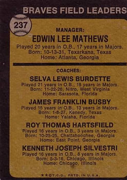 Braves Field Leaders (Eddie Mathews / Lew Burdette / Jim Busby / Roy Hartsfield / Ken Silvestri)  baseball card collectible - Main Image 2