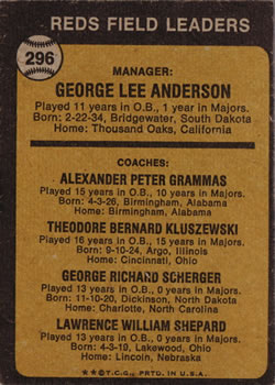 Reds Field Leaders (Sparky Anderson / Alex Grammas / Ted Kluszewski / George Scherger / Larry Shepard)  baseball card collectible - Main Image 2