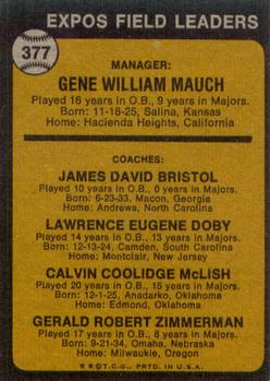 Expos Field Leaders (Gene Mauch / Dave Bristol / Larry Doby / Cal McLish / Jerry Zimmerman)  baseball card collectible - Main Image 2