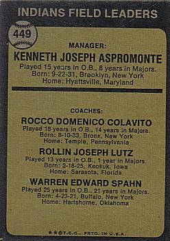 Indians Field Leaders (Ken Aspromonte / Rocky Colavito / Joe Lutz / Warren Spahn)  baseball card collectible - Main Image 2