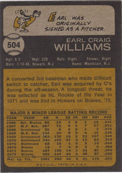 Earl Williams  baseball card collectible - Main Image 2