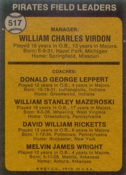 Pirates Field Leaders (Bill Virdon / Don Leppert / Bill Mazeroski / Dave Ricketts / Mel Wright)  baseball card collectible - Main Image 2