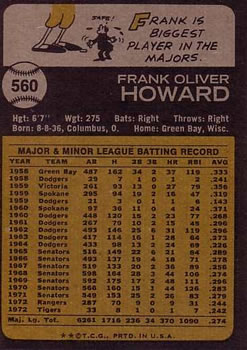 Frank Howard  baseball card collectible - Main Image 2