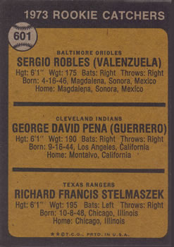 1973 Rookie Catchers (Sergio Robles / George Pena / Rick Stelmaszek)  baseball card collectible - Main Image 2