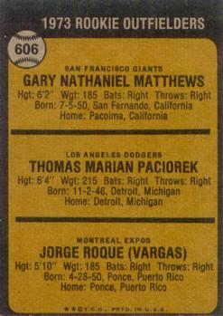 1973 Rookie Outfielders (Gary Matthews / Tom Paciorek / Jorge Roque)  baseball card collectible - Main Image 2