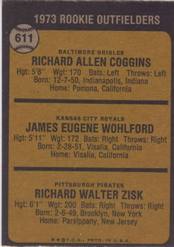 1973 Rookie Outfielders (Rich Coggins / Jim Wohlford / Richie Zisk)  baseball card collectible - Main Image 2