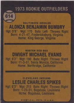 1973 Rookie Outfielders (Alonza Bumbry / Dwight Evans / Charlie Spikes)  baseball card collectible - Main Image 2