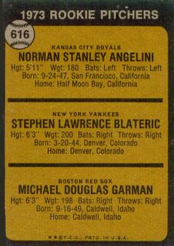 1973 Rookie Pitchers (Norm Angelini / Steve Blateric / Mike Garman)  baseball card collectible - Main Image 2