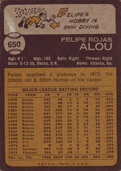 Felipe Alou  baseball card collectible - Main Image 2