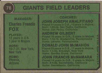 Giants Field Leaders (Charlie Fox / John McNamara / Joe Amalfitano / Andy Gilbert / Don McMahon)  baseball card collectible - Main Image 2