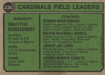 Cardinals Field Leaders (Red Schoendienst / Barney Schultz / George Kissell / Johnny Lewis / Vern Benson)  baseball card collectible - Main Image 2