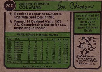 Joe Coleman  baseball card collectible - Main Image 2