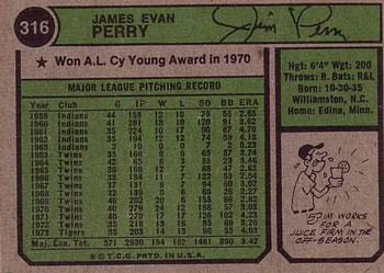 Jim Perry  baseball card collectible - Main Image 2