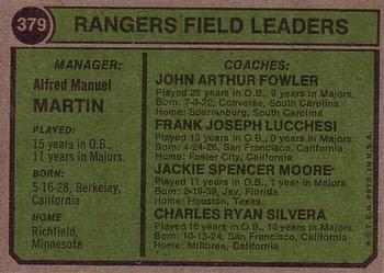 Rangers Field Leaders (Billy Martin / Frank Lucchesi / Art Fowler / Charlie Silvera / Jackie Moore)  baseball card collectible - Main Image 2