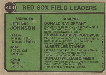 Red Sox Field Leaders (Darrell Johnson / Eddie Popowski / Lee Stange / Don Zimmer / Don Bryant)  baseball card collectible - Main Image 2
