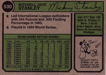 Mickey Stanley  baseball card collectible - Main Image 2