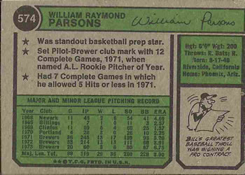 Bill Parsons  baseball card collectible - Main Image 2