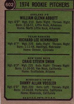 1974 Rookie Pitchers (Glenn Abbott / Rick Henninger / Craig Swan / Dan Vossler)  baseball card collectible - Main Image 2