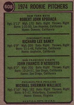 1974 Rookie Pitchers (Bob Apodaca / Dick Baney / John D’Acquisto / Mike Wallace)  baseball card collectible - Main Image 2