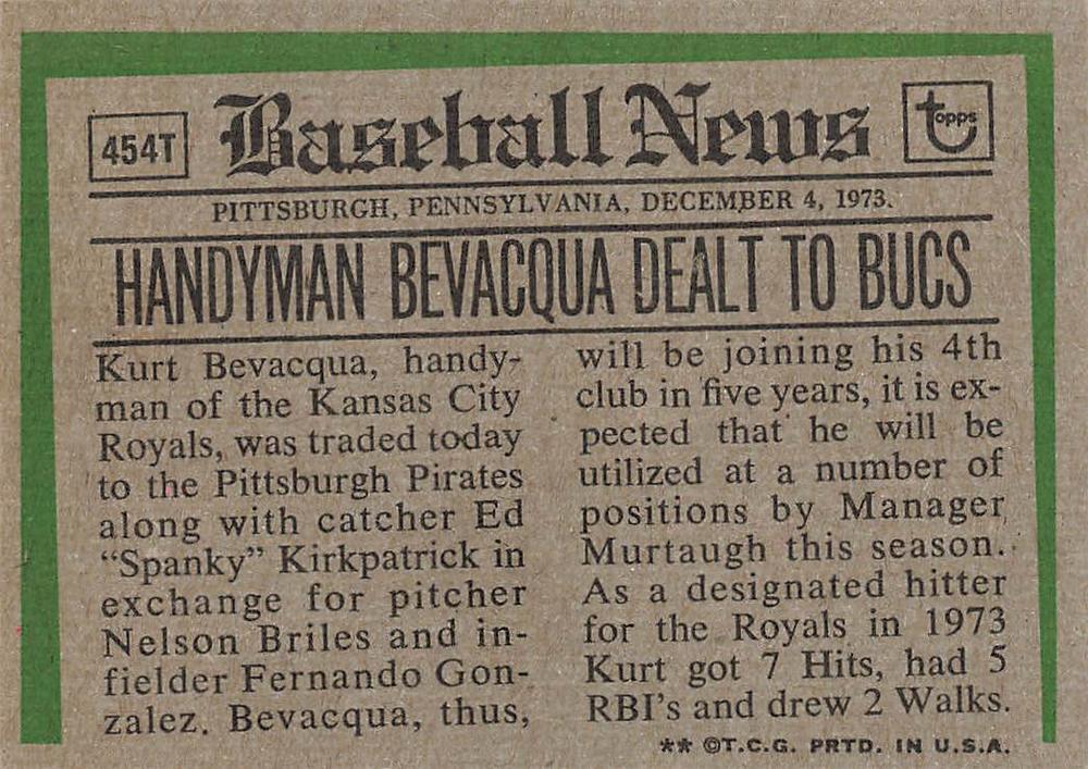 Kurt Bevacqua  baseball card collectible - Main Image 2