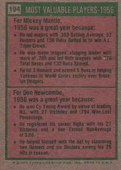 1956 MVPs (Mickey Mantle / Don Newcombe)  baseball card collectible - Main Image 2