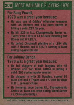 1970 MVPs (Boog Powell / Johnny Bench)  baseball card collectible - Main Image 2