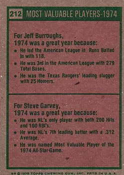1974 MVPs (Jeff Burroughs / Steve Garvey)  baseball card collectible - Main Image 2